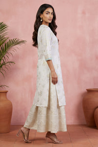 Off White Floral Printed Sequins Pure Cotton Straight Kurta
