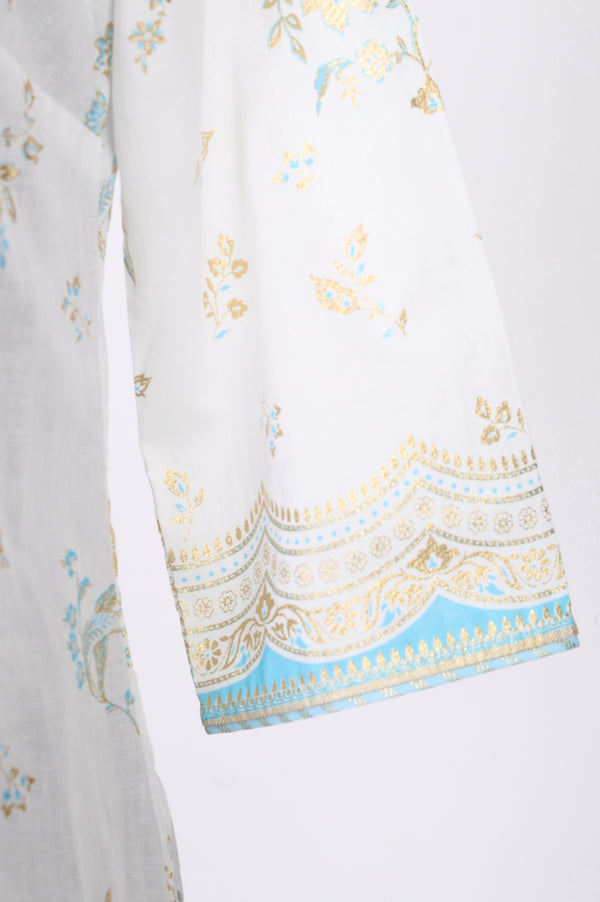 Off White Floral Printed Sequins Pure Cotton Straight Kurta