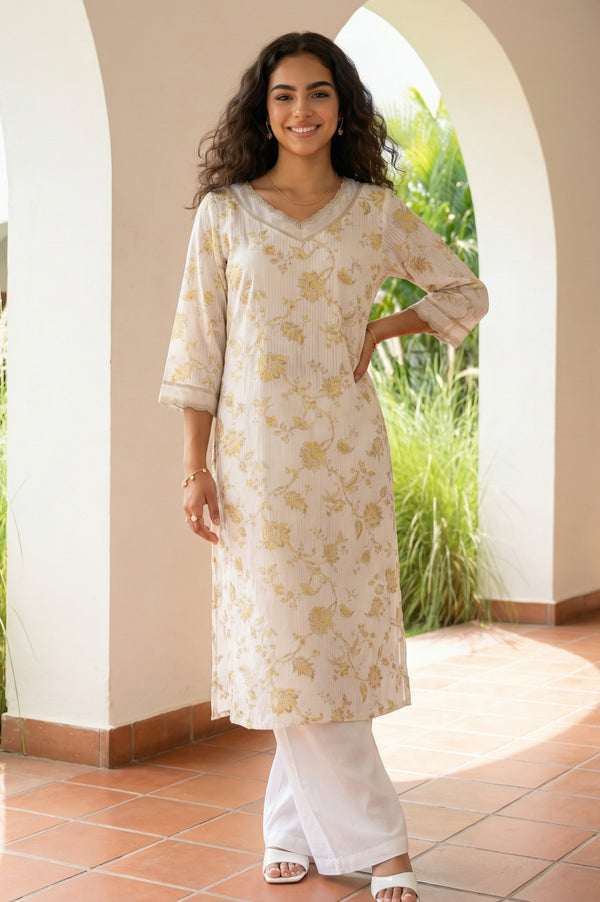 Off White Floral Printed Embroidered Rayon Straight Kurta
