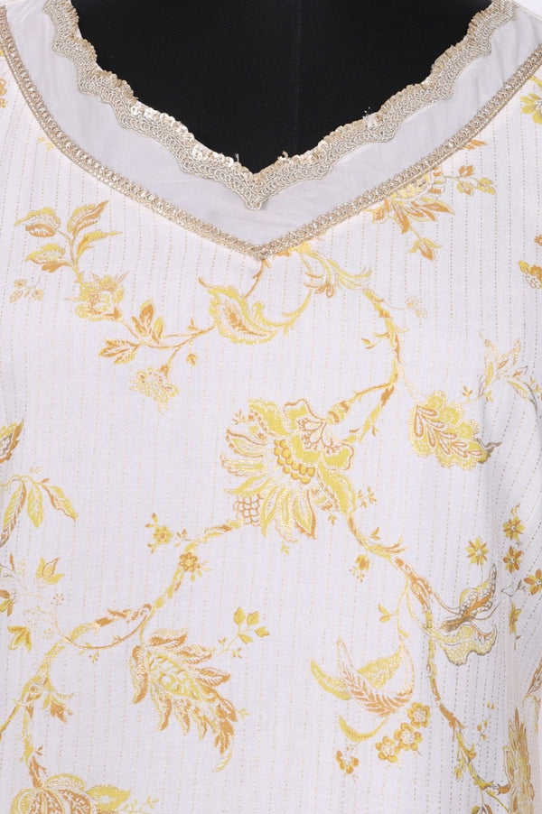 Off White Floral Printed Embroidered Rayon Straight Kurta