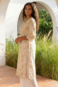 Off White Floral Printed Embroidered Rayon Straight Kurta