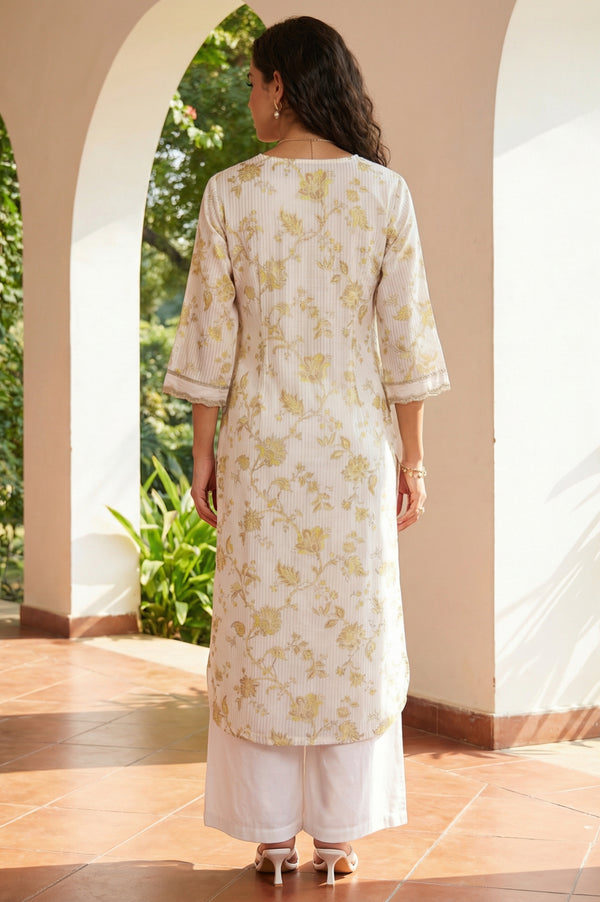Off White Floral Printed Embroidered Rayon Straight Kurta