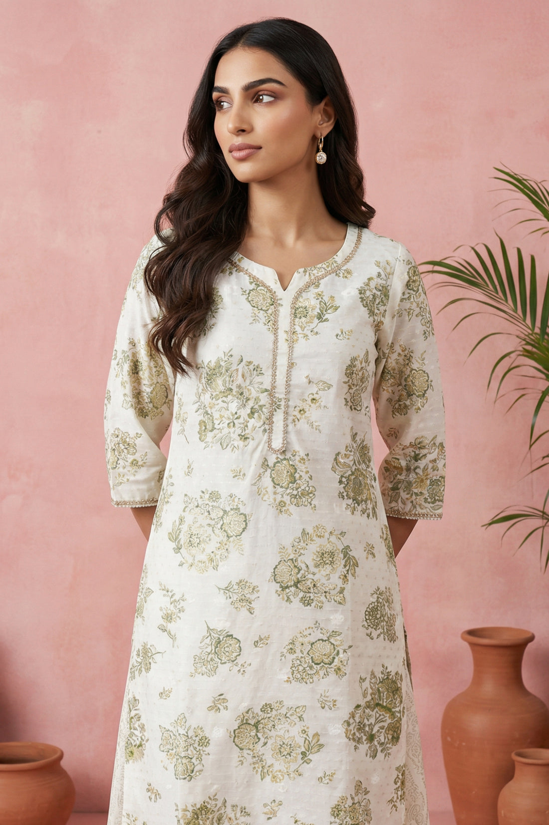Off White Floral Printed Rayon Straight Kurta with Lace