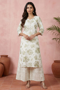 Off White Floral Printed Rayon Straight Kurta with Lace