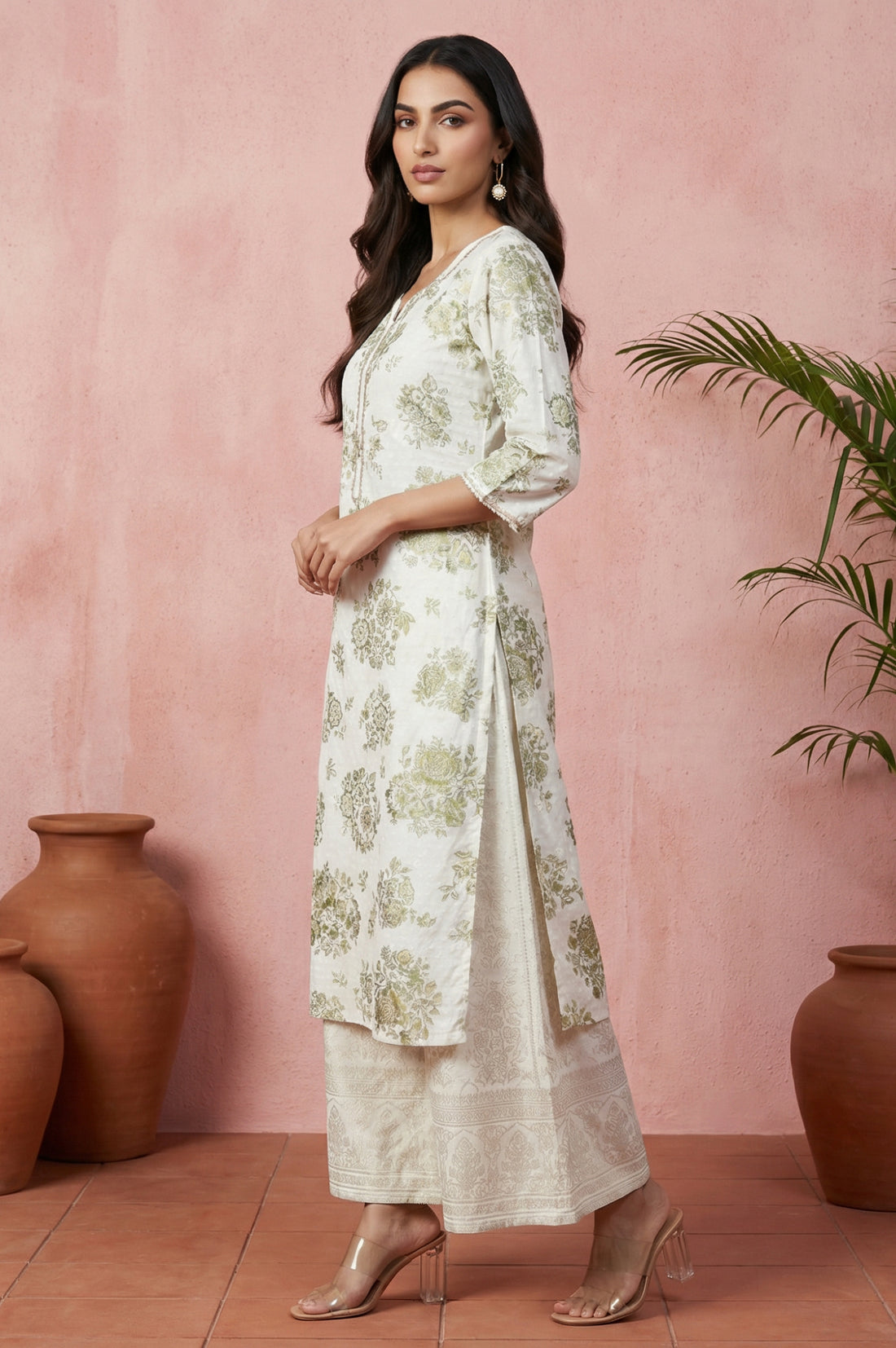 Off White Floral Printed Rayon Straight Kurta with Lace