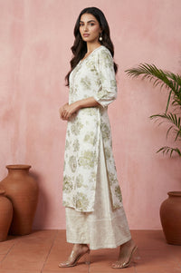 Off White Floral Printed Rayon Straight Kurta with Lace