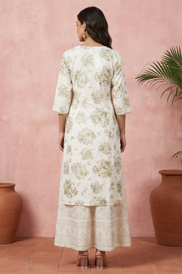 Off White Floral Printed Rayon Straight Kurta with Lace