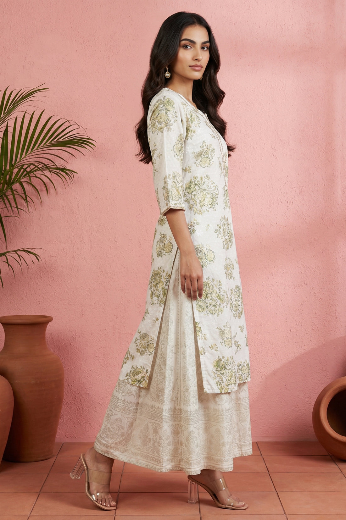 Off White Floral Printed Rayon Straight Kurta with Lace