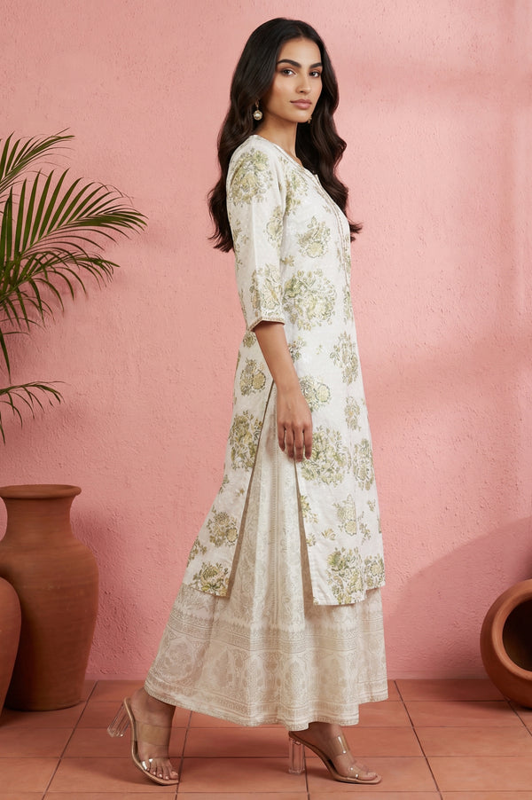Off White Floral Printed Rayon Straight Kurta with Lace