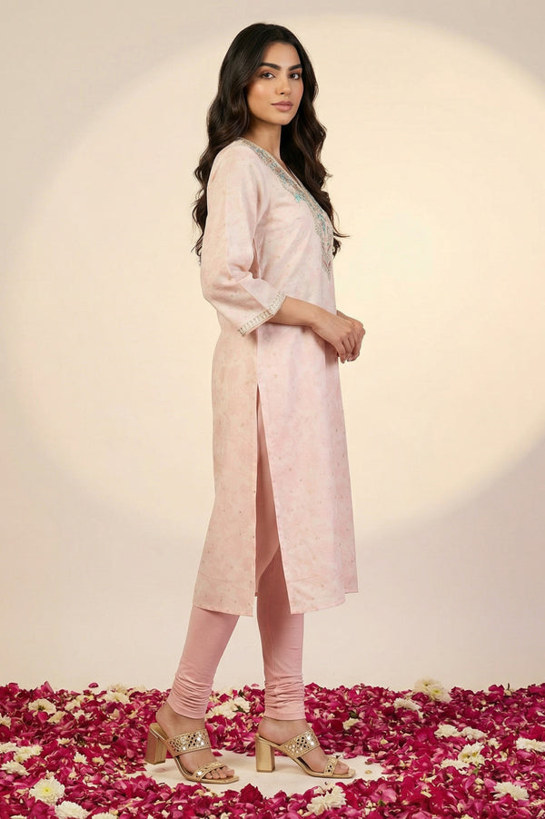 Pink Thread Embroidered Straight Kurta