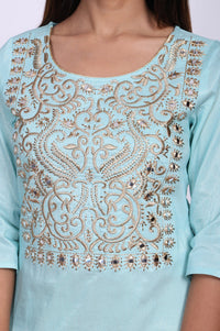 Light Blue Embroidered Mirror work Straight Kurta