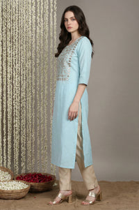 Light Blue Embroidered Mirror work Straight Kurta
