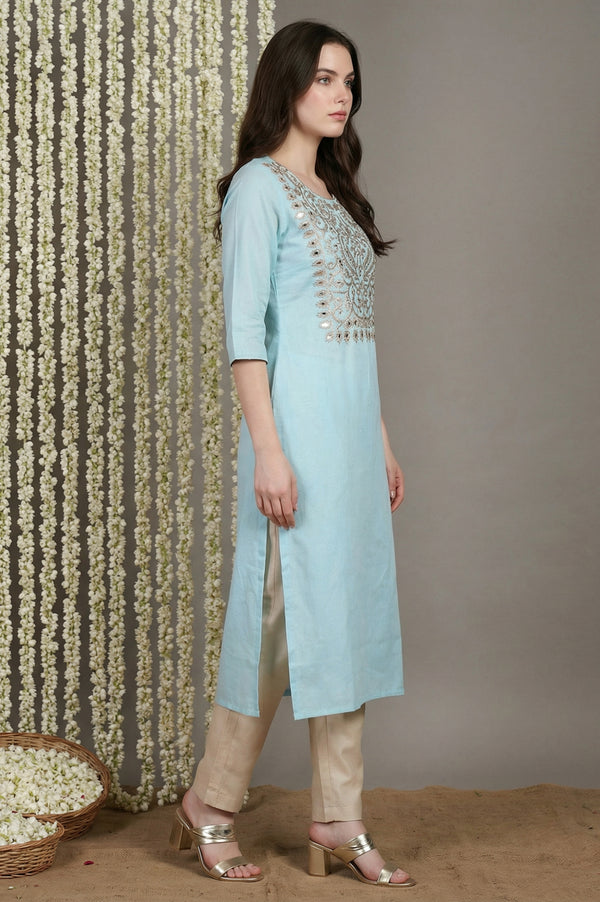 Light Blue Embroidered Mirror work Straight Kurta