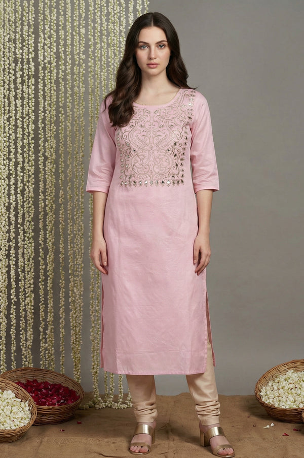 Pink Embroidered Mirror work Straight Kurta