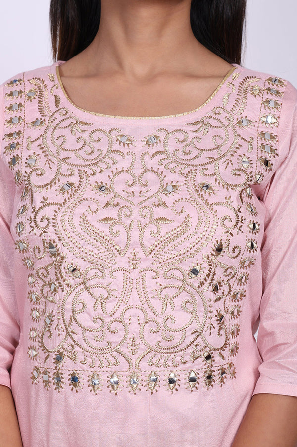 Pink Embroidered Mirror work Straight Kurta