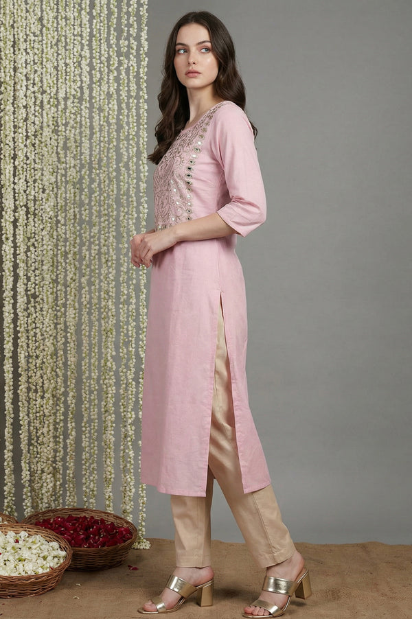 Pink Embroidered Mirror work Straight Kurta