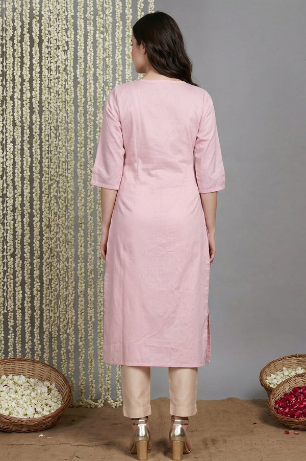 Pink Embroidered Mirror work Straight Kurta