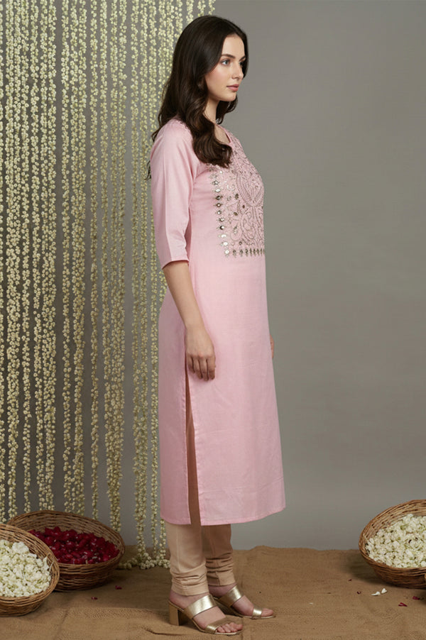 Pink Embroidered Mirror work Straight Kurta
