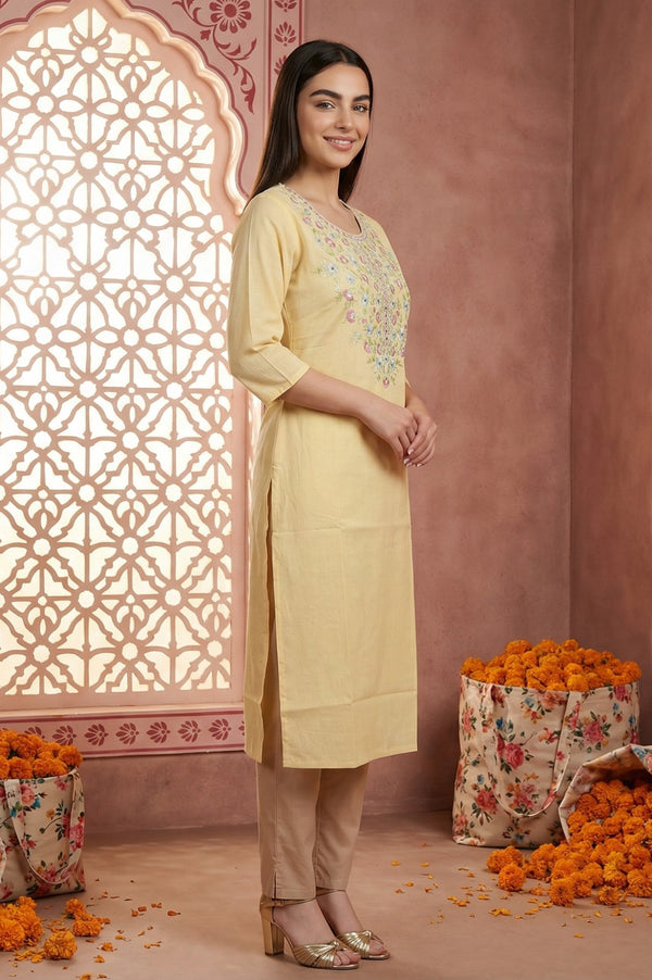 Yellow Zari Embroidered Mirror Work Straight Kurta