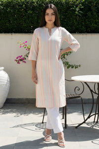 Off White Striped Pure Cotton Straight Kurta