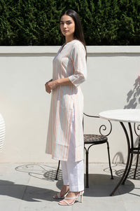 Off White Striped Pure Cotton Straight Kurta