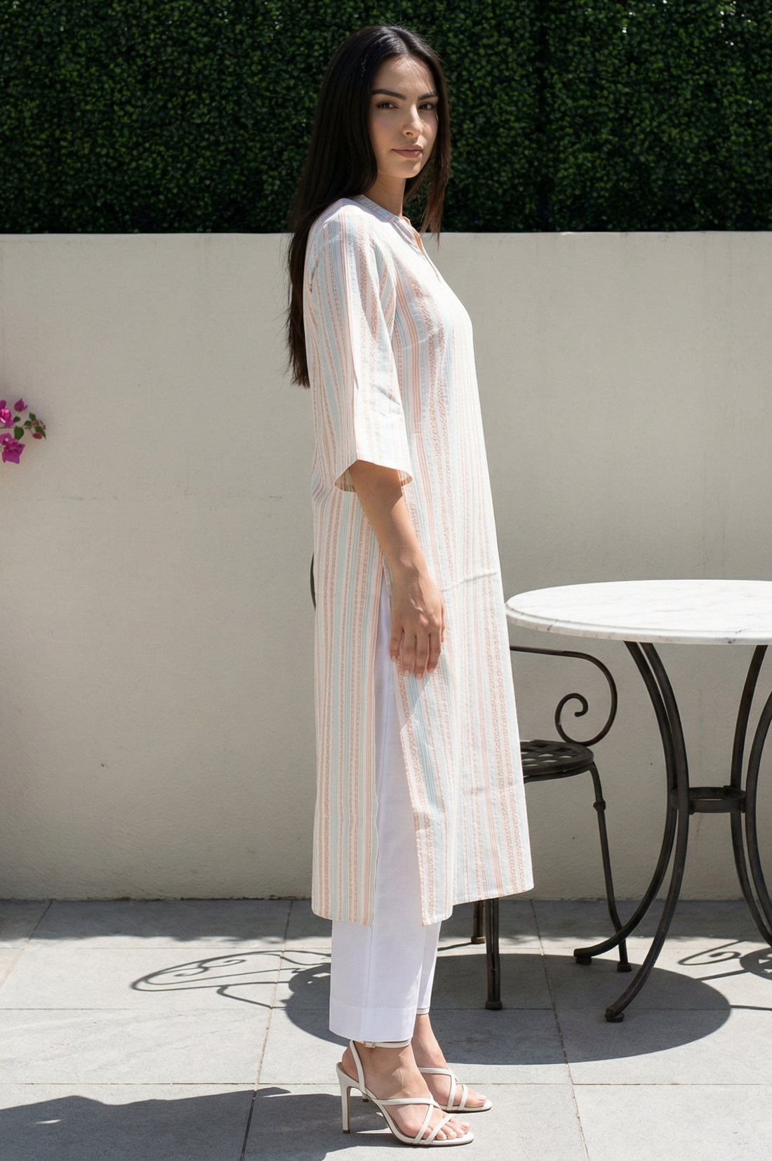 Off White Striped Pure Cotton Straight Kurta