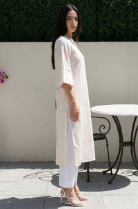 Off White Striped Pure Cotton Straight Kurta