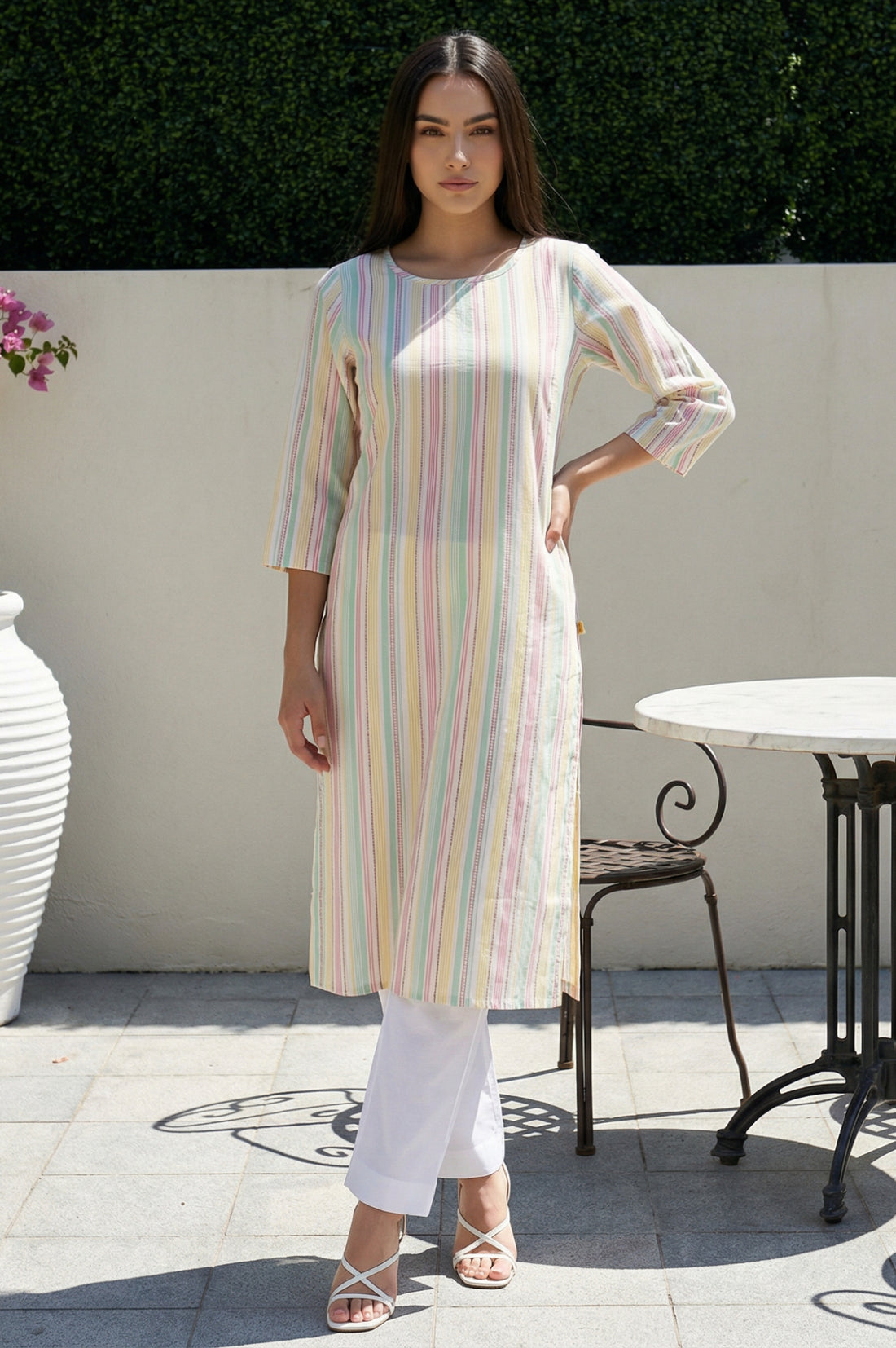Multicolor Striped Thread Work Pure Cotton Straight Kurta