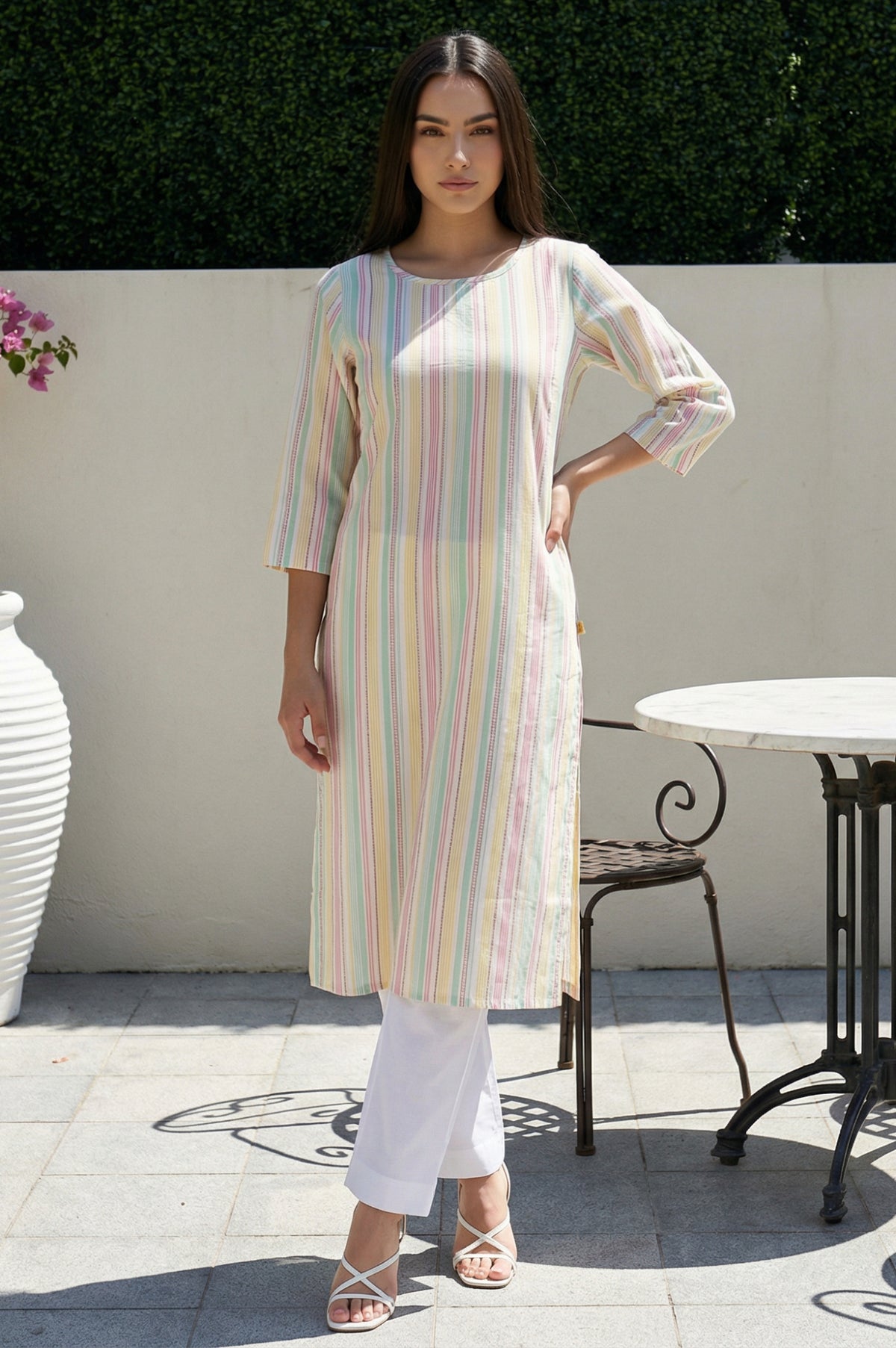 Multicolor Striped Thread Work Pure Cotton Straight Kurta - XS