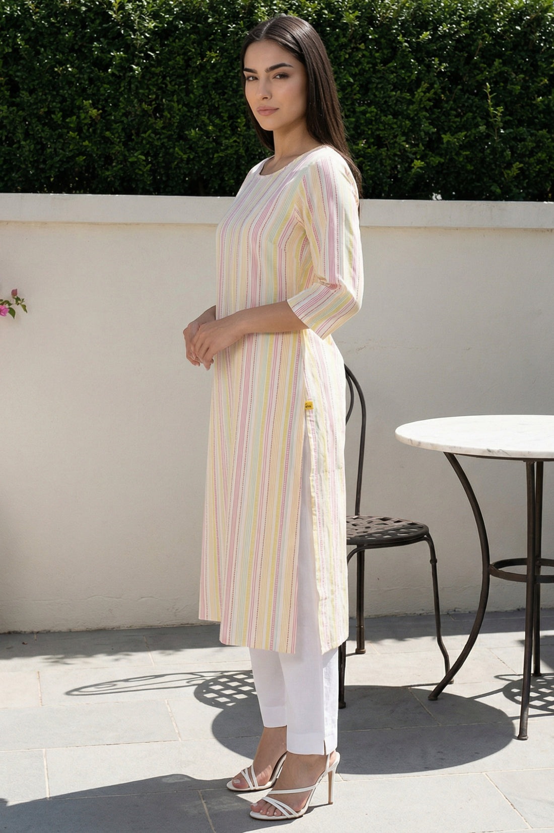 Multicolor Striped Thread Work Pure Cotton Straight Kurta