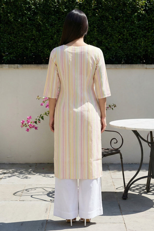 Multicolor Striped Thread Work Pure Cotton Straight Kurta