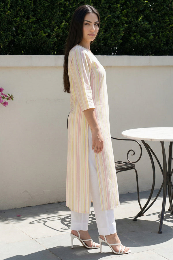 Multicolor Striped Thread Work Pure Cotton Straight Kurta
