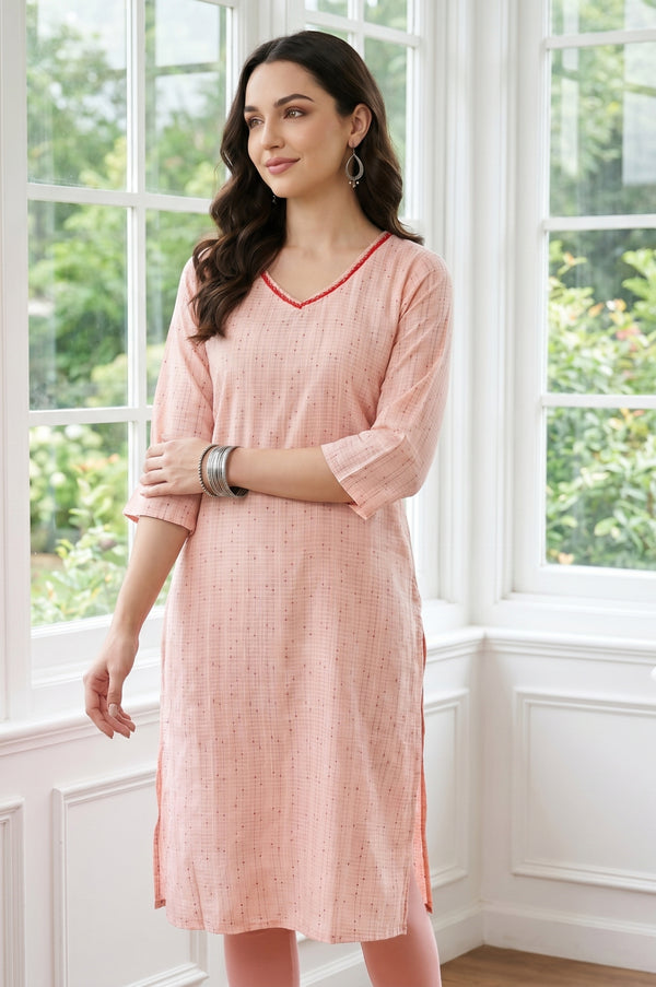 Peach Yarn Dyed Textured Rayon Straight Kurta