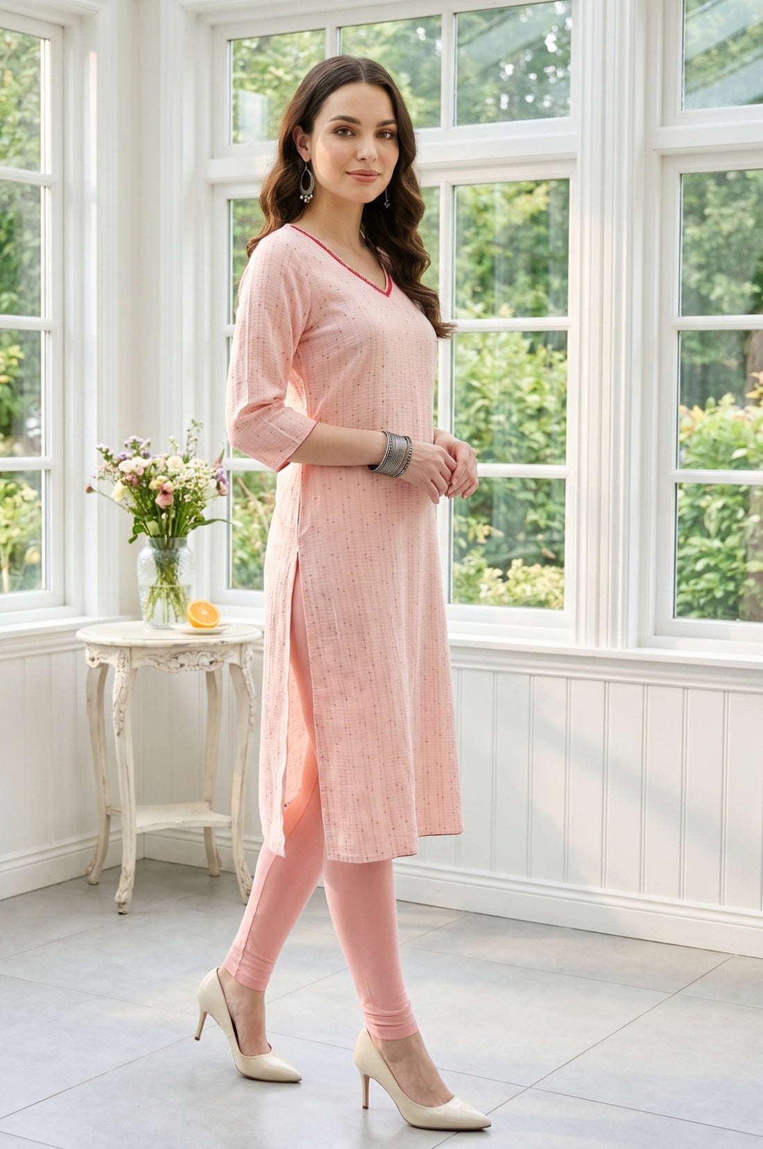 Peach Yarn Dyed Textured Rayon Straight Kurta