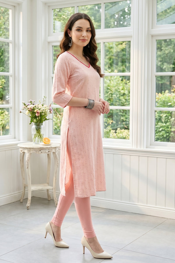Peach Yarn Dyed Textured Rayon Straight Kurta