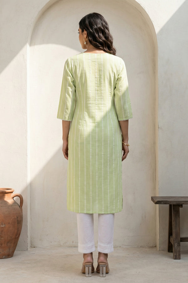 Lime Green Yarn Dyed Striped Lace Pure Cotton Straight Kurta