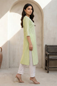 Lime Green Yarn Dyed Striped Lace Pure Cotton Straight Kurta