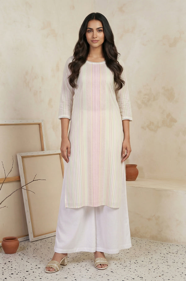 Off-White Striped Lace Trim Pure Cotton Straight Kurta