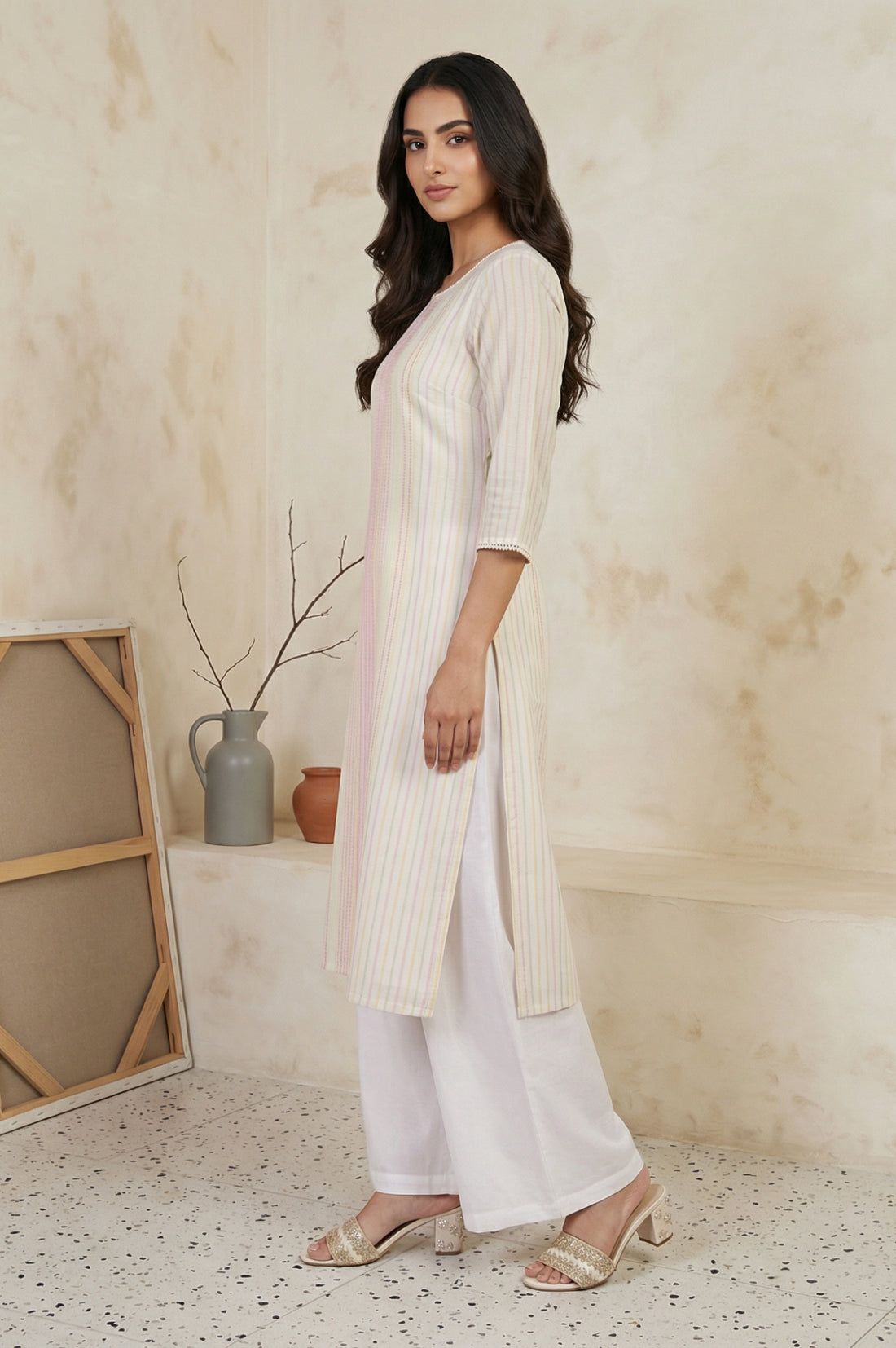 Off-White Striped Lace Trim Pure Cotton Straight Kurta
