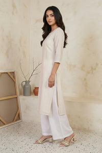 Off-White Striped Lace Trim Pure Cotton Straight Kurta
