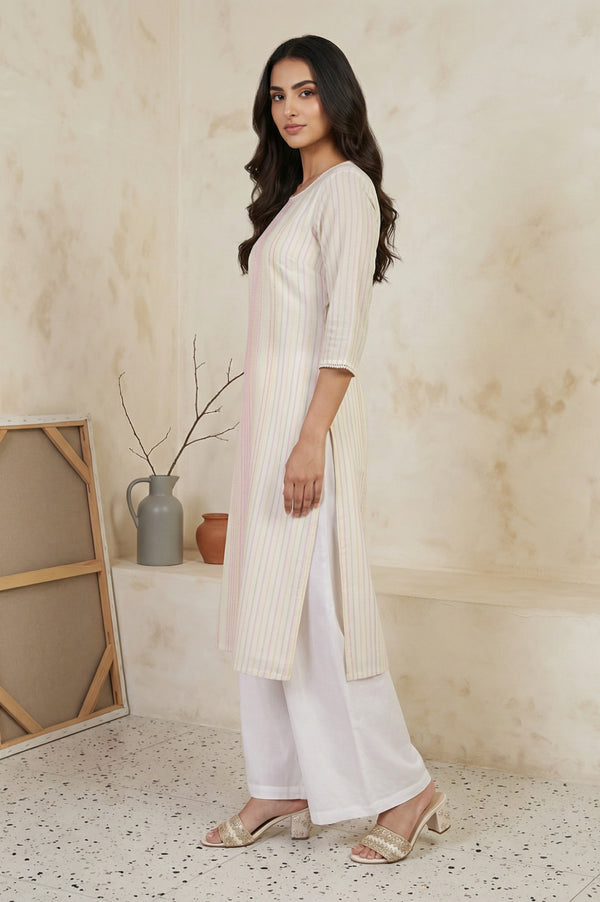 Off-White Striped Lace Trim Pure Cotton Straight Kurta