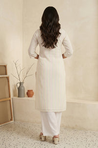 Off-White Striped Lace Trim Pure Cotton Straight Kurta