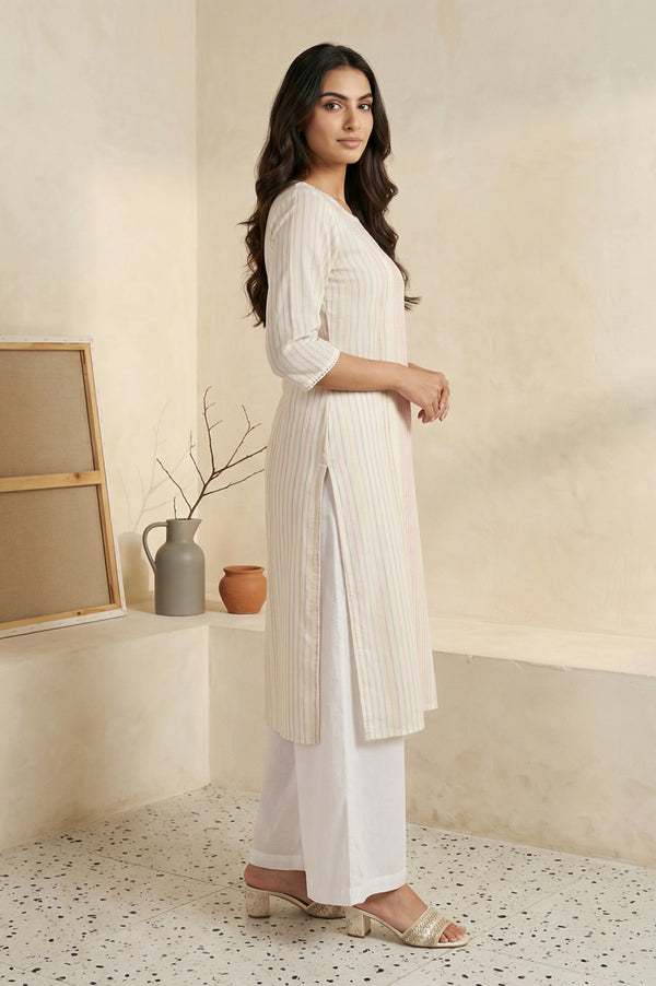 Off-White Striped Lace Trim Pure Cotton Straight Kurta