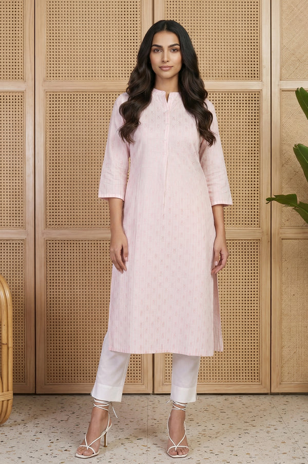 Pink Geometric Printed Woven Design Cotton Blend Straight Kurta