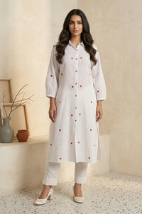 White Thread Embroidered Pure Cotton Straight Kurta
