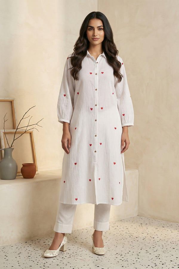 White Thread Embroidered Pure Cotton Straight Kurta