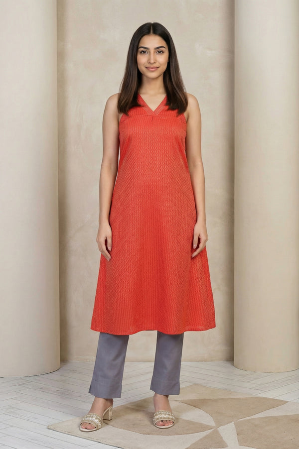 Coral Geometric Printed A-line Kurta