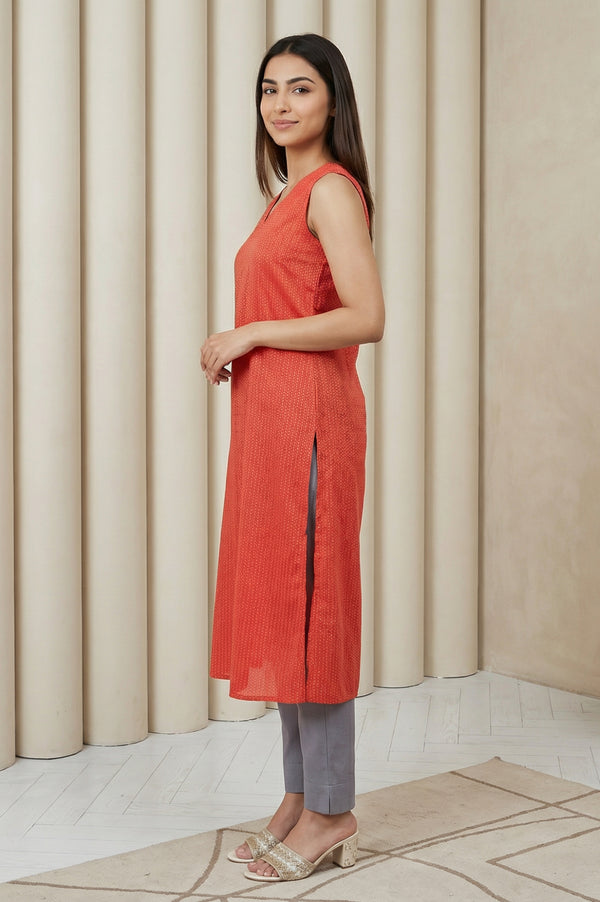 Coral Geometric Printed A-line Kurta