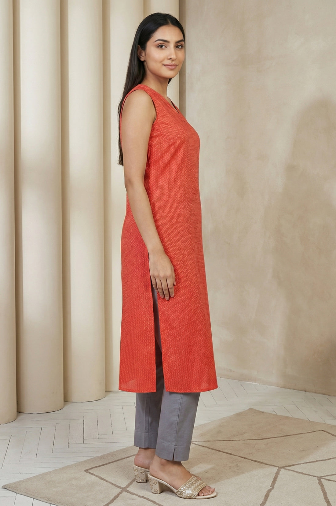 Coral Geometric Printed A-line Kurta
