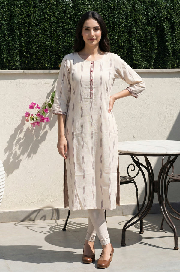 Off White Ikat Printed Cotton Blend Straight Kurta